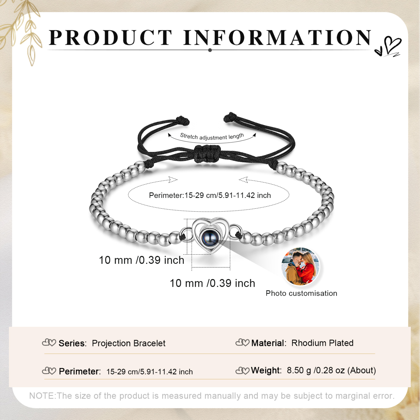 Pulsera con proyección de foto en color con dije de corazón pulsera de perlas ajustable-Jessemade ES