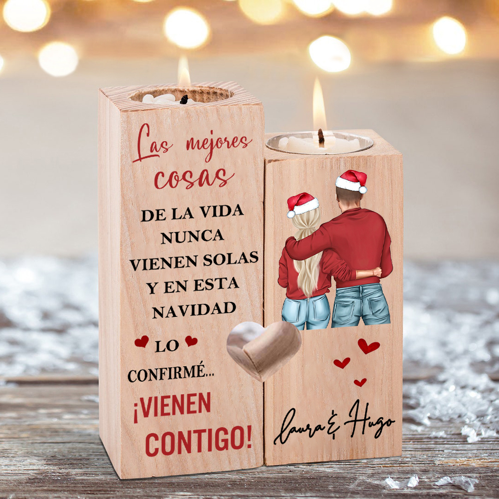 Regalo de Navidad-Candelero para pareja de madera de dos piezas sin candela con nombres personalizados-Jessemade ES