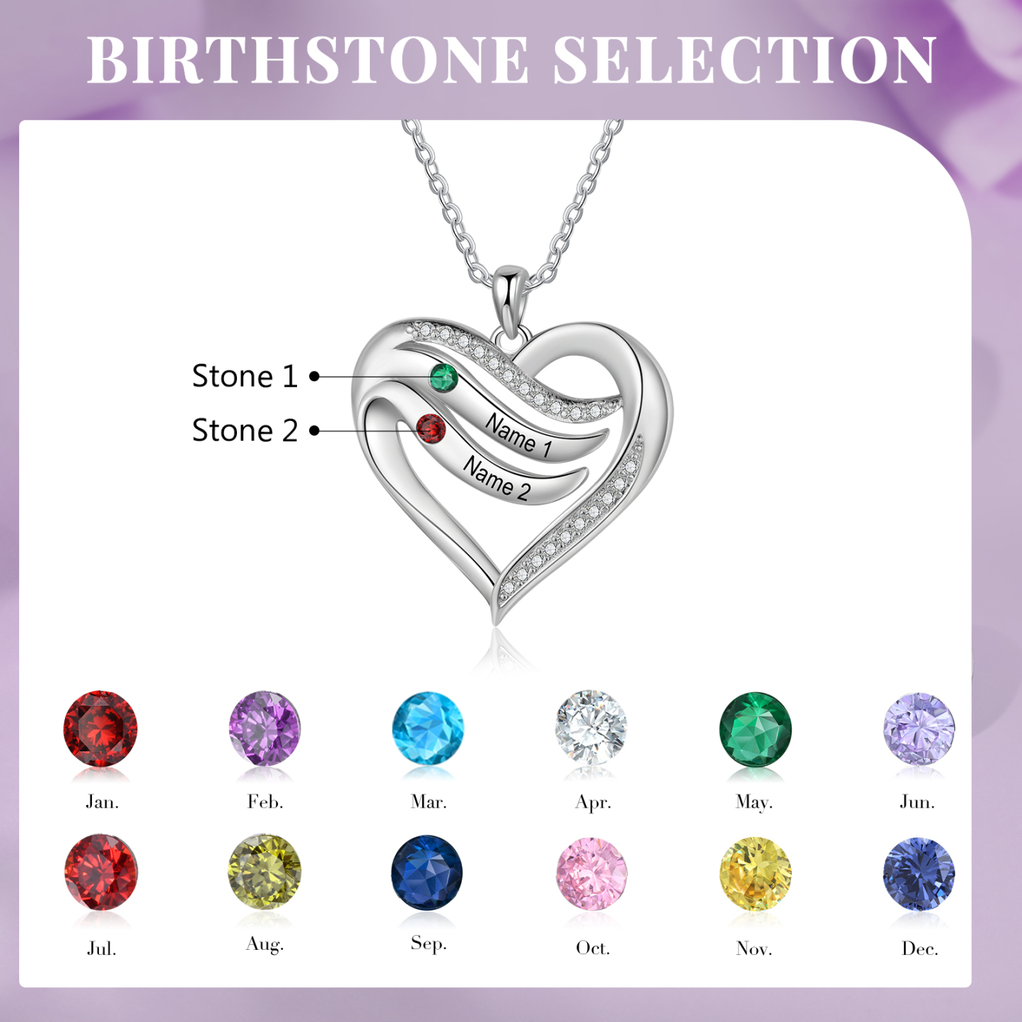 Collar de corazón de plata 925 con 2 nombres y piedras de nacimiento personalizados-Jessemade ES
