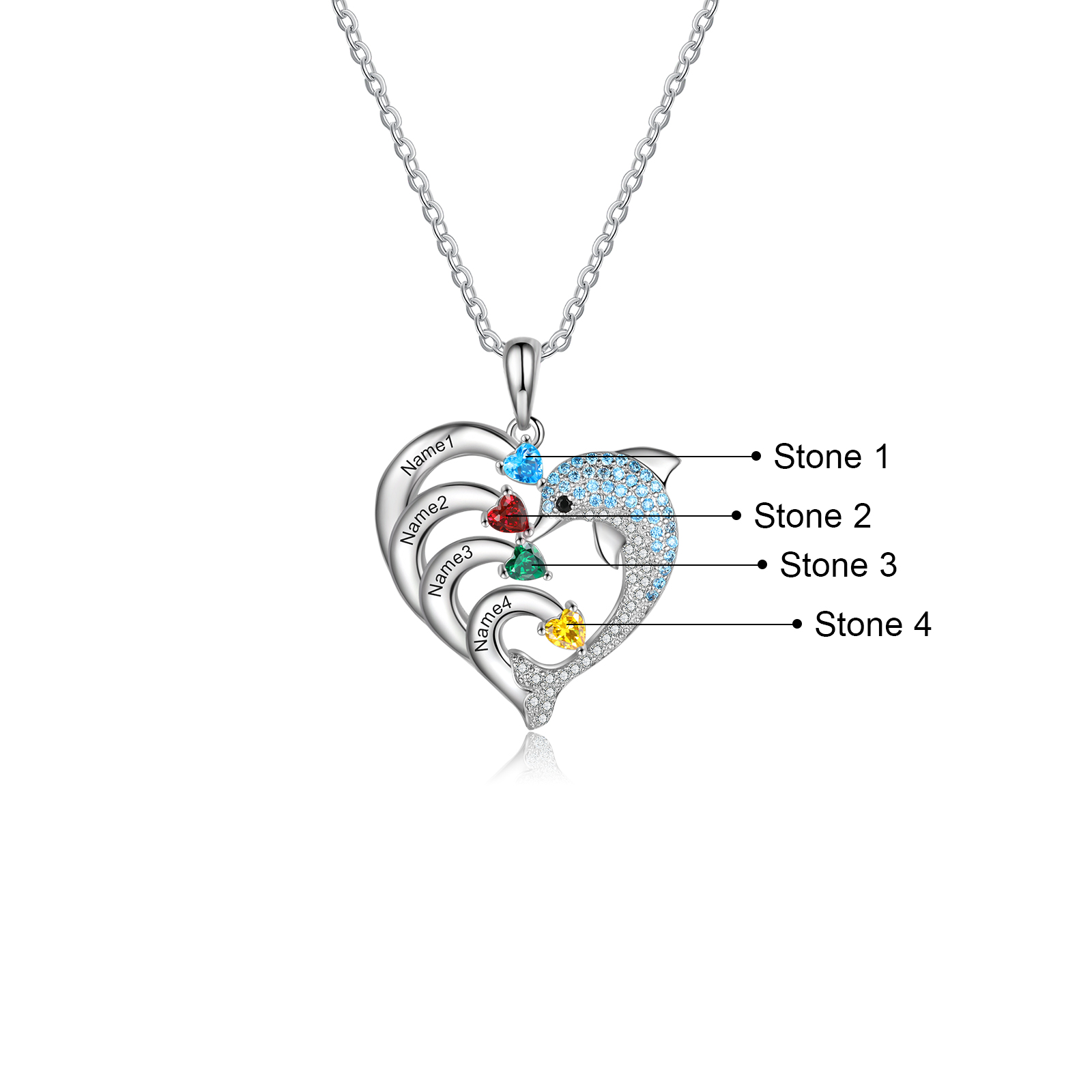 Collar para mujer en corazón delfín 4 nombres y 4 piedras de nacimiento personalizados