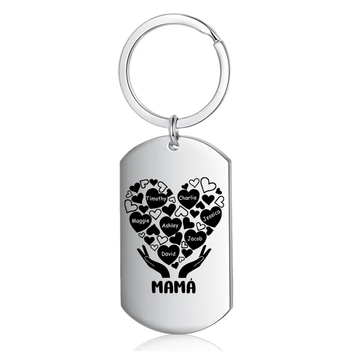 A mi mamá/abuela-Llavero 1-7 Nombres Personalizados con Texto CORAZONES Y MANOS