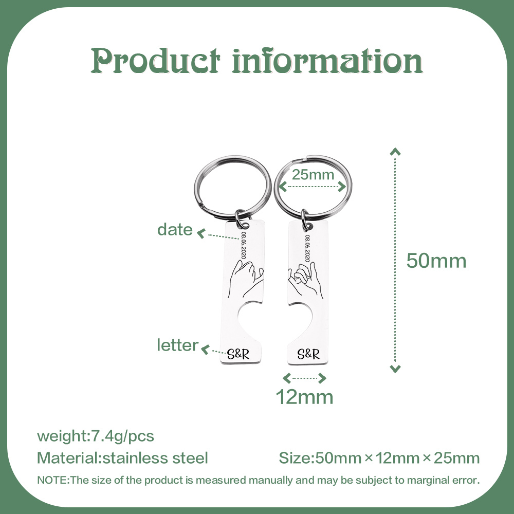 Llavero con corazón encajado para pareja pinky swear 2 letras personalizadas con fecha-Jessemade ES