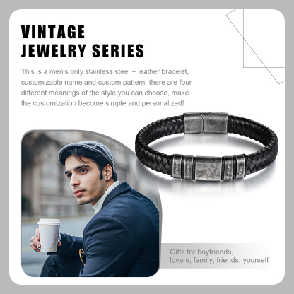 Pulsera 2-5 Nombres en Aros y Foto en Placa Personalizados de Cuero Trenzado