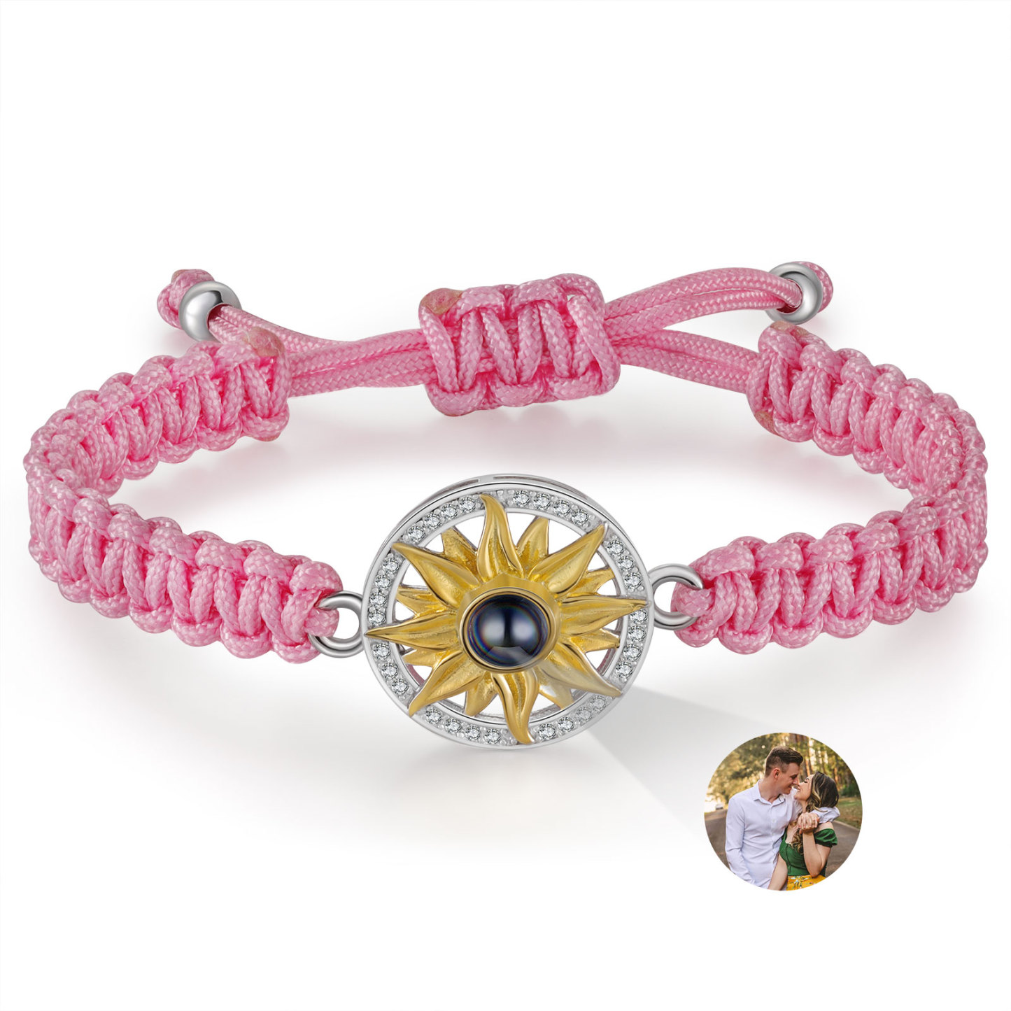 Pulsera con proyección de foto con dije de girasol cuerda rosa-Jessemade ES