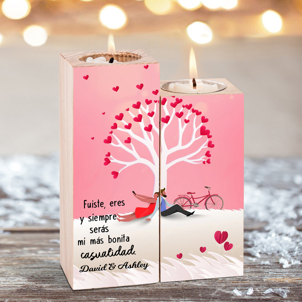 Candelero de árbol de amor para pareja de madera de dos piezas sin candela con 1 texto personalizado-Jessemade ES