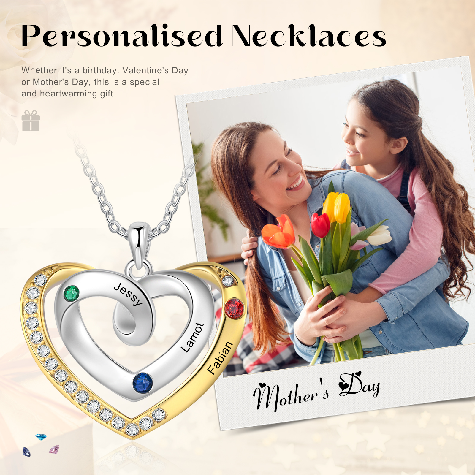 Collar de corazón con 3 nombres y piedras de nacimiento personalizados-Jessemade ES
