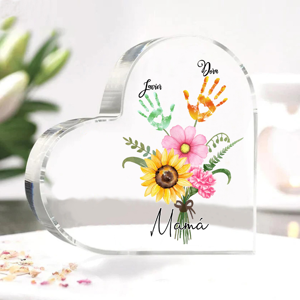 A mi mamá-Placa de acrílico en forma de corazón flor y manitas 1-5 nombres personalizados-Jessemade ES