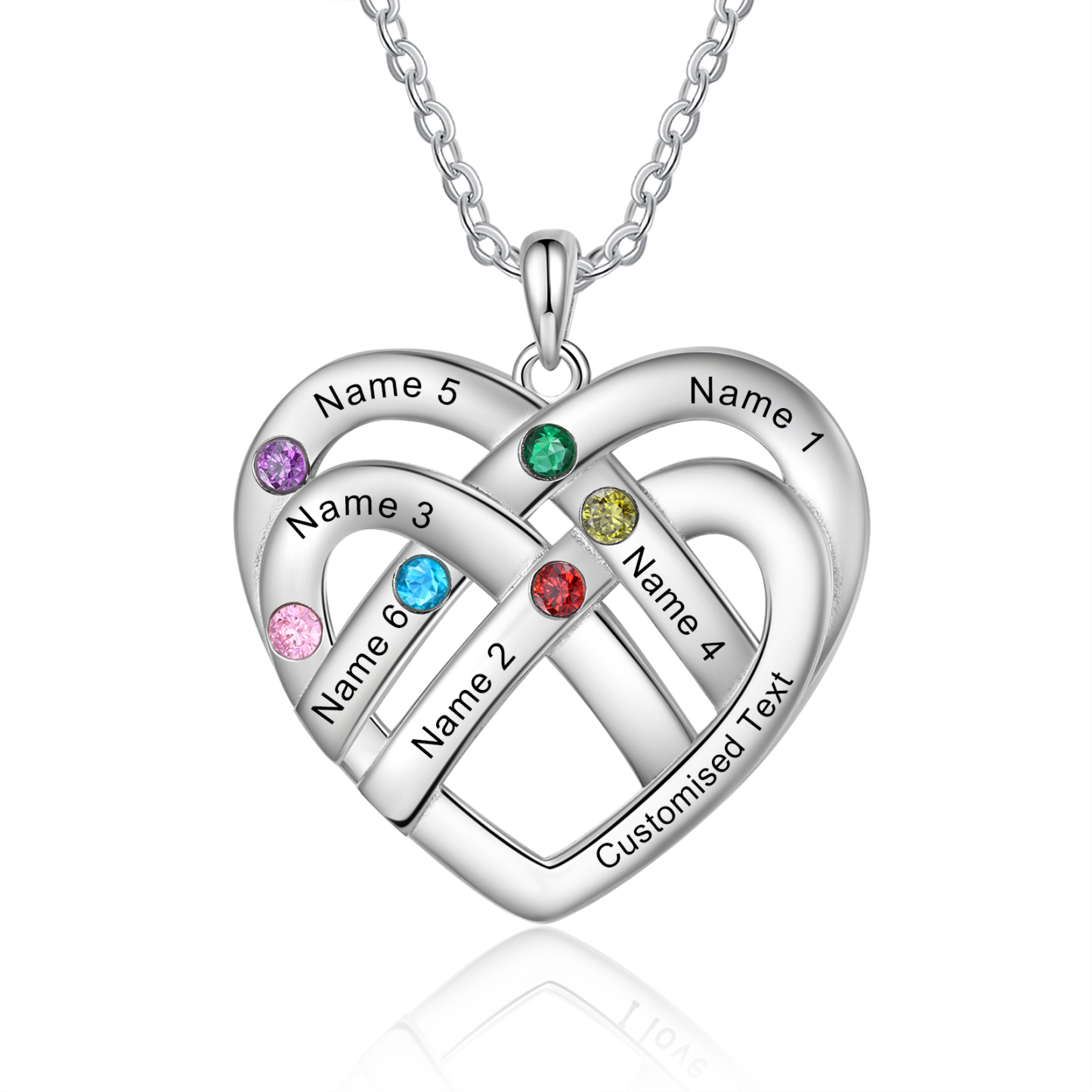 Collar de corazón con 6 nombres y piedras de nacimiento personalizados con texto-Jessemade ES