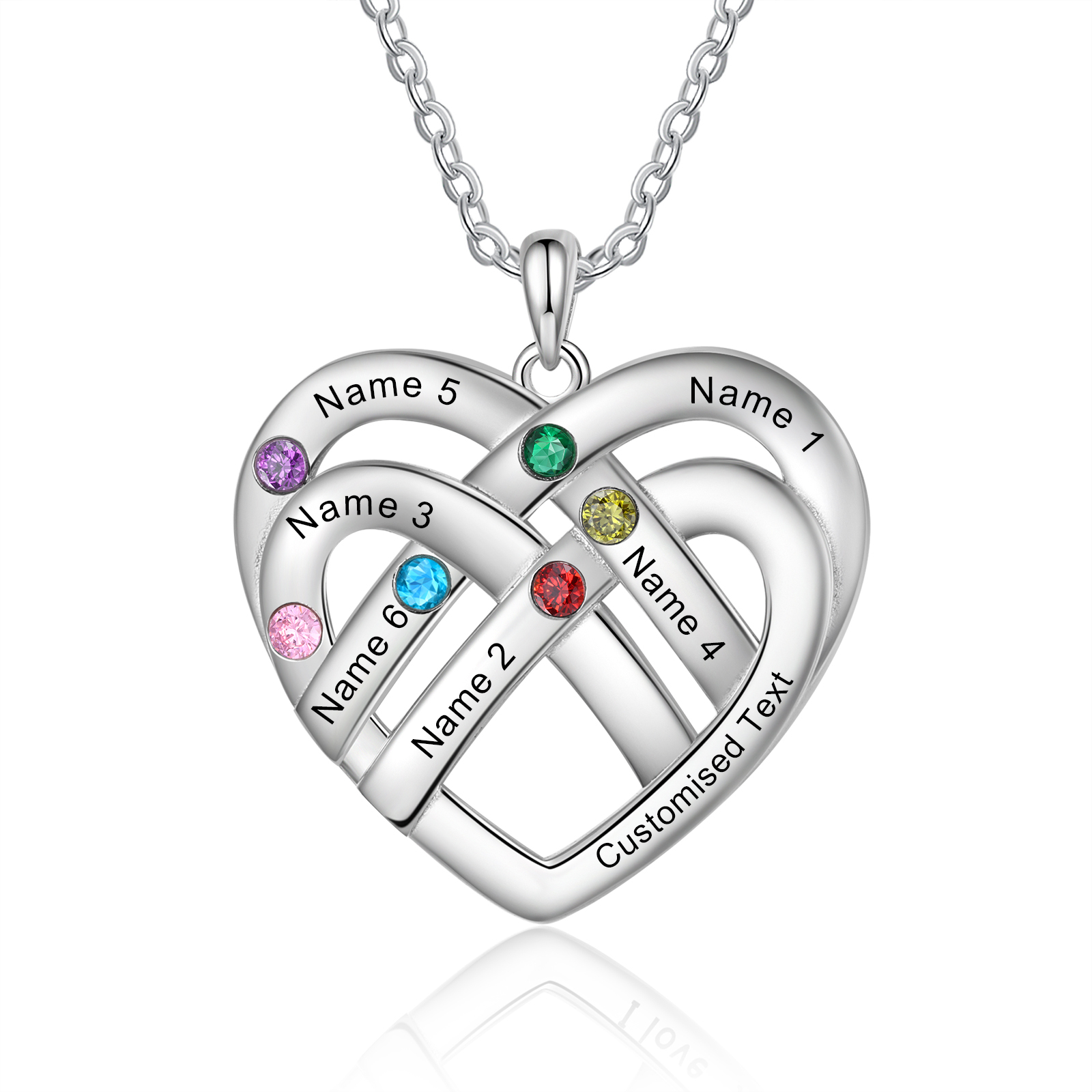 Collar de corazón con 6 nombres y piedras de nacimiento personalizados con texto-Jessemade ES