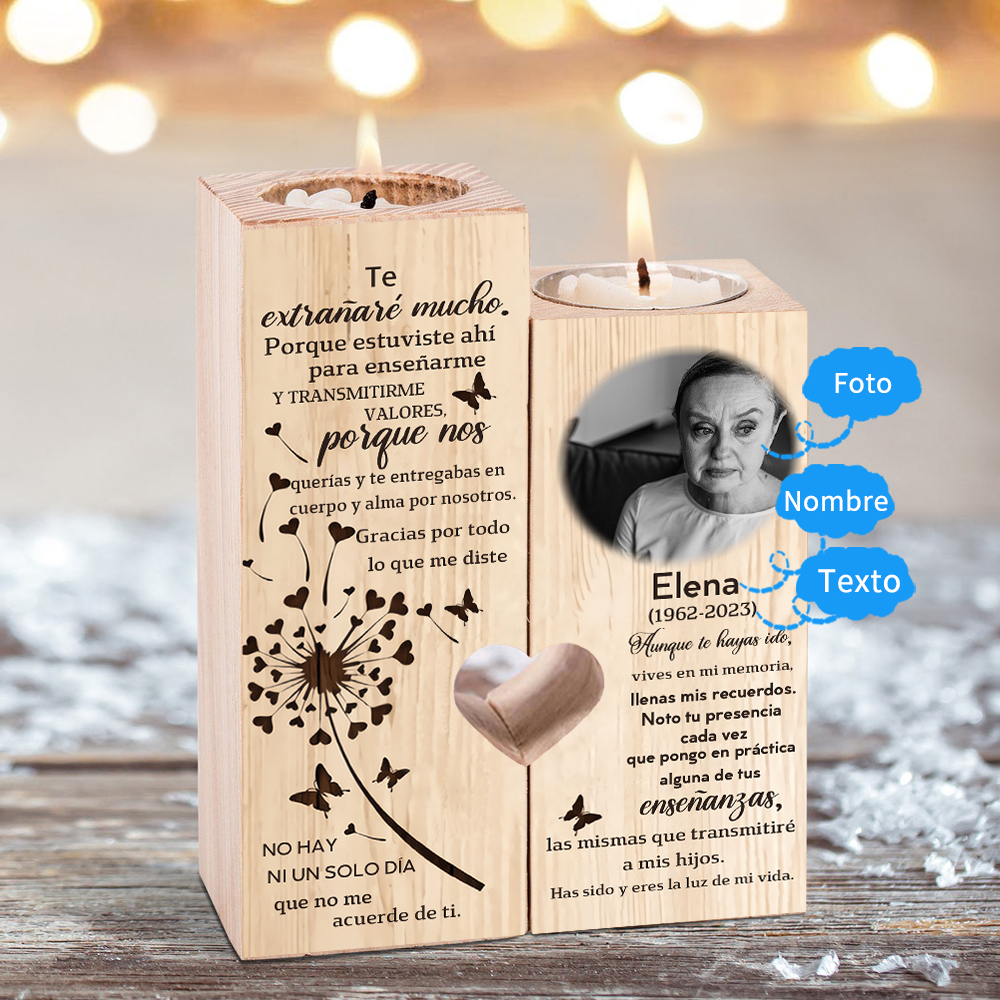 Candelero de dos piezas en memoria de ser querido de madera nombre, foto y año personalizados sin vela-Jessemade ES