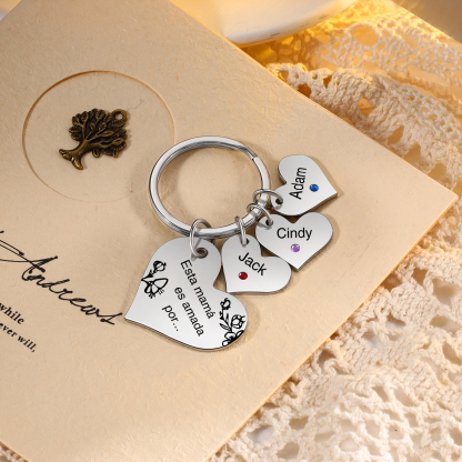 A mi mamá/abuela - Llavero con 3 nombres y piedras de nacimiento personalizados en corazones con texto-Jessemade ES