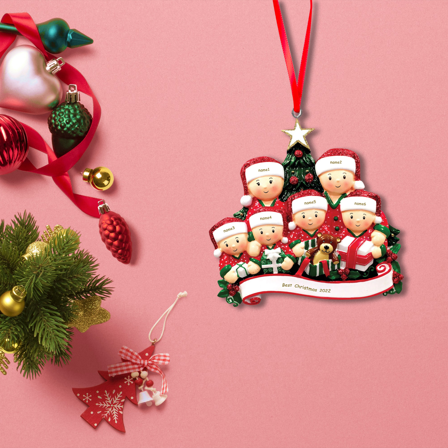 Navidad-Ornamentos de resina muñecos navideños familia y regalos 5 nombres personalizados con texto adorno de árbol