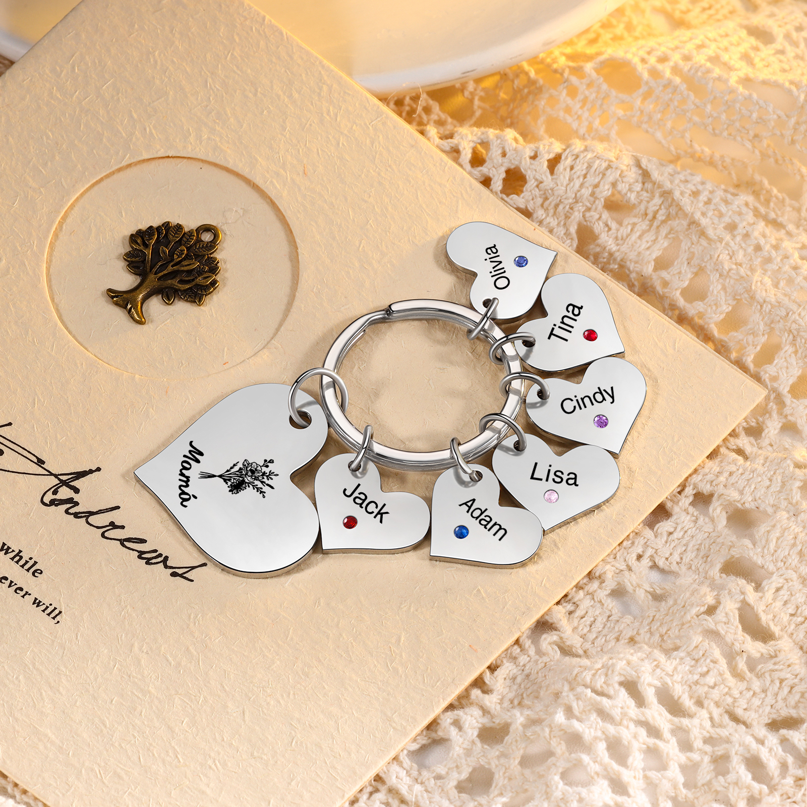 A mi mamá/abuela - Llavero con 6 nombres y piedras de nacimiento personalizados en corazones con texto y flor-Jessemade ES