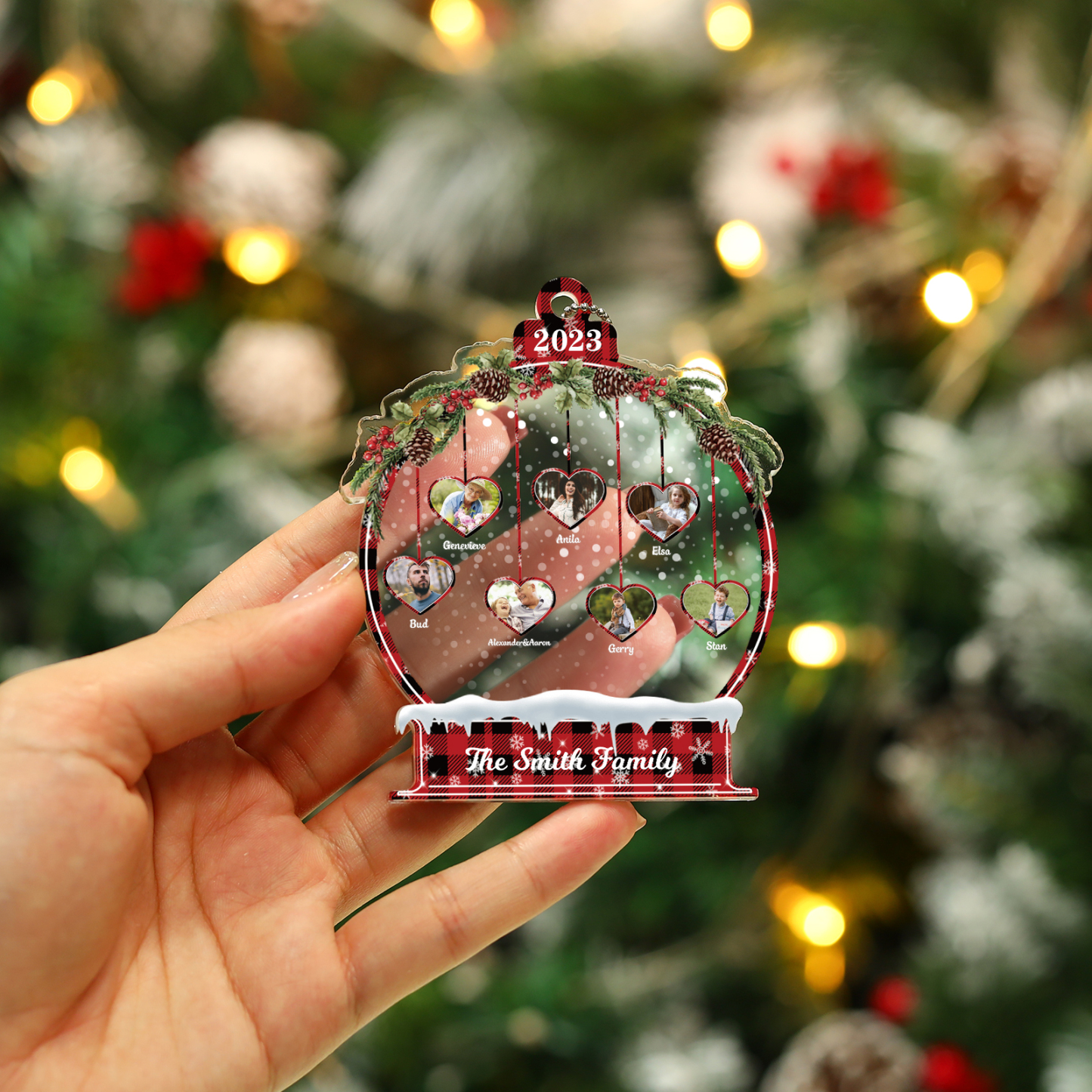 Navidad-Ornamento navideño de acrílico bola de cristal con 7 nombres, 7 fotos y 1 texto personalizados-Jessemade ES
