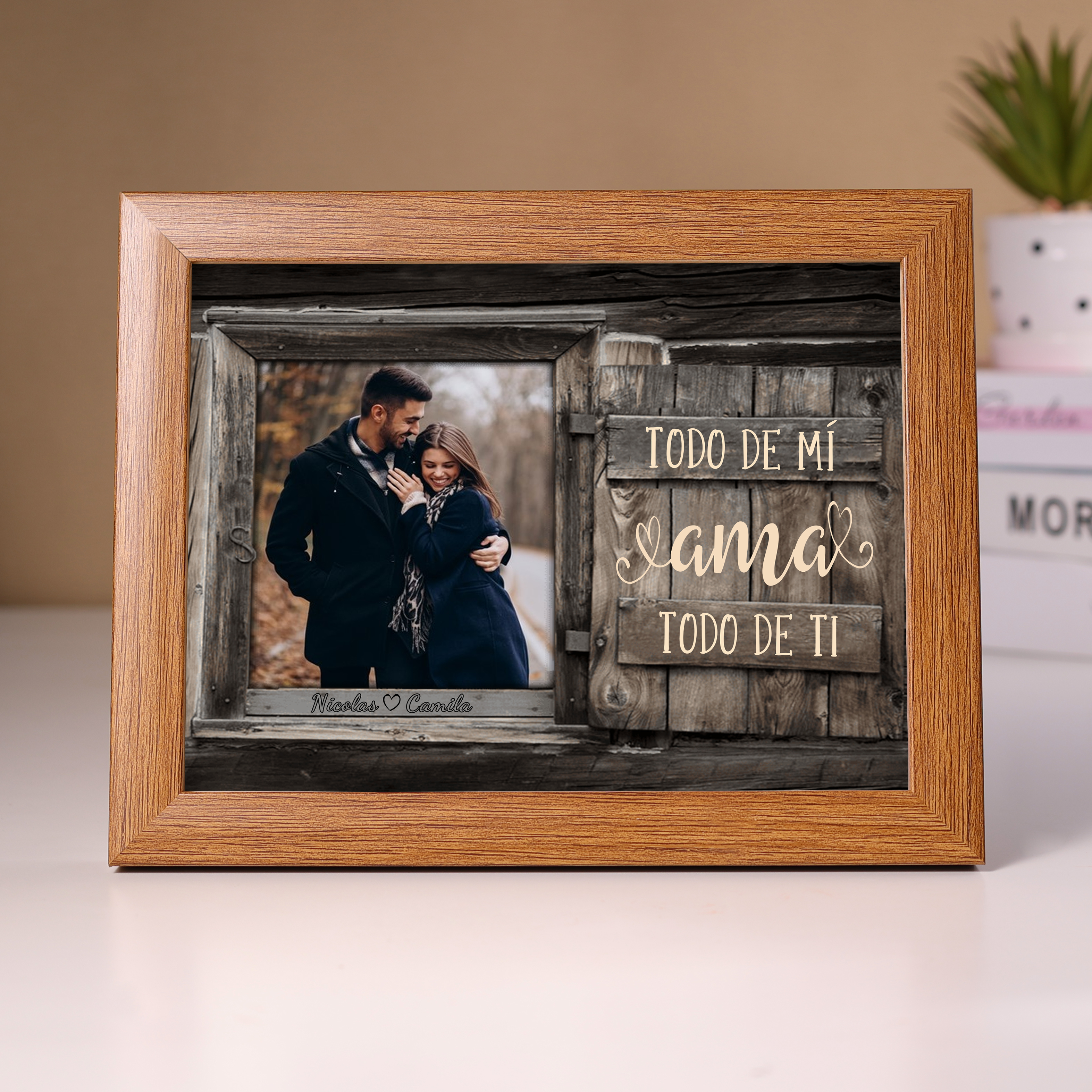 Marco de 1 foto de madera para pareja 2 nombres personalizados-Jessemade ES