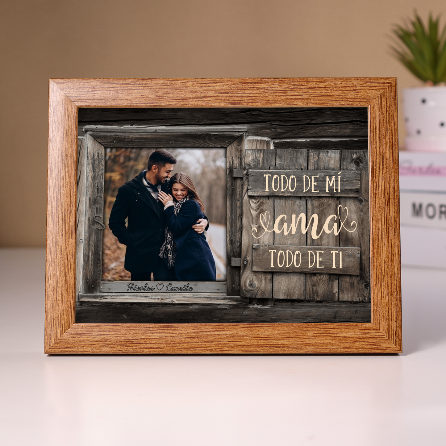 Marco de 1 foto de madera para pareja 2 nombres personalizados-Jessemade ES