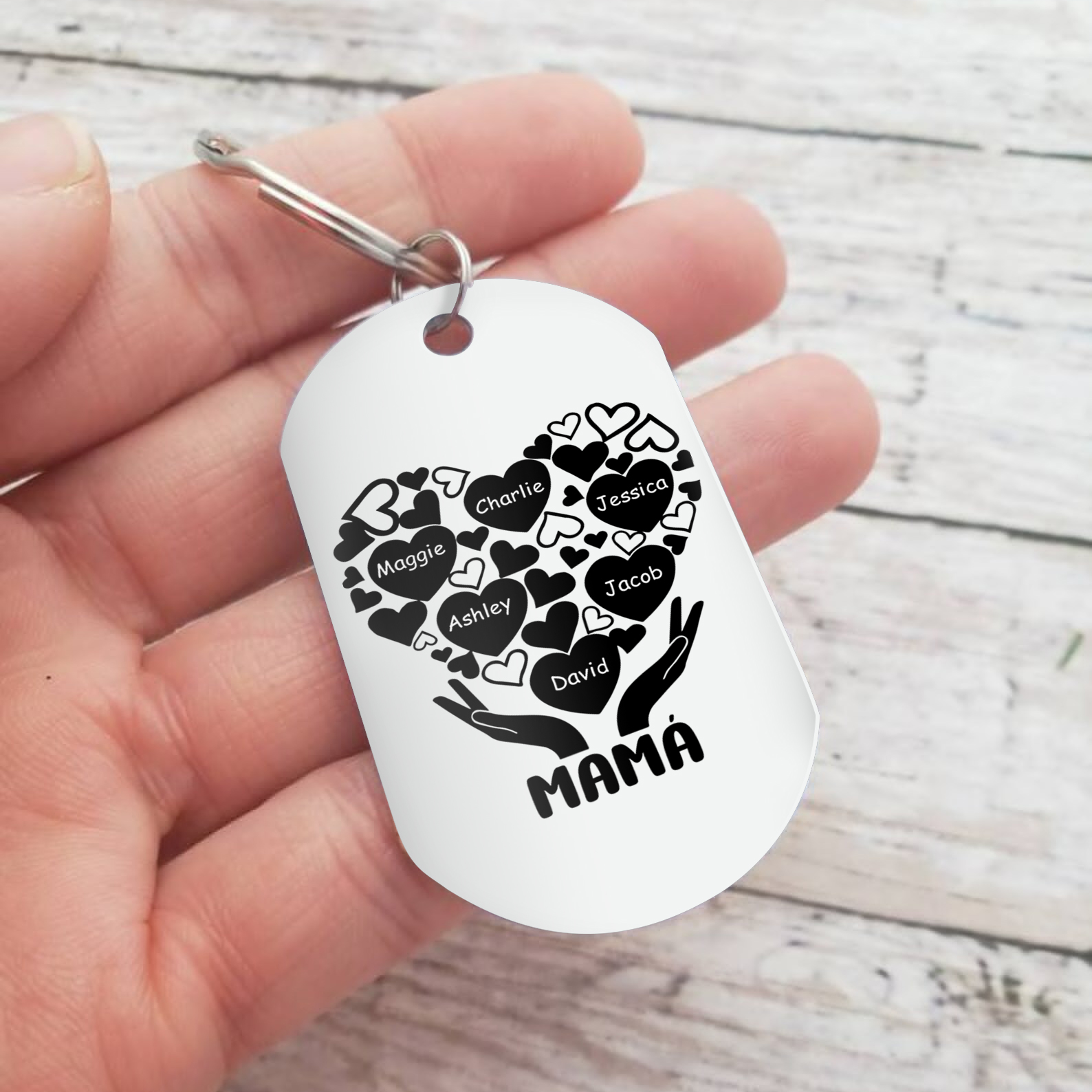 A mi mamá/abuela-Llavero 1-7 Nombres Personalizados con Texto CORAZONES Y MANOS