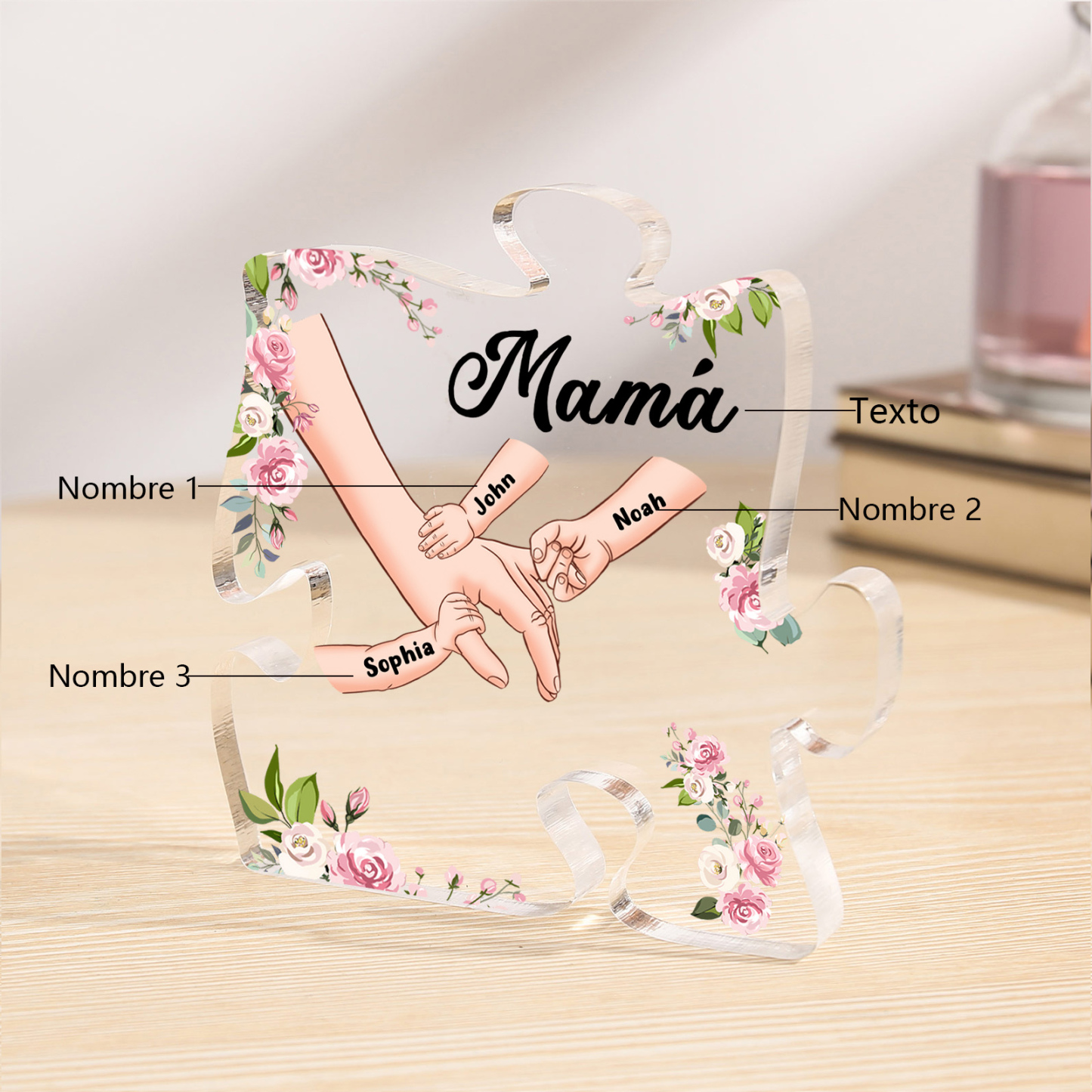 A mi mamá/abuela-Placa de acrílico en forma de corazón mano a mano con 1 texto y 3 nombres personalizados | Jessemade