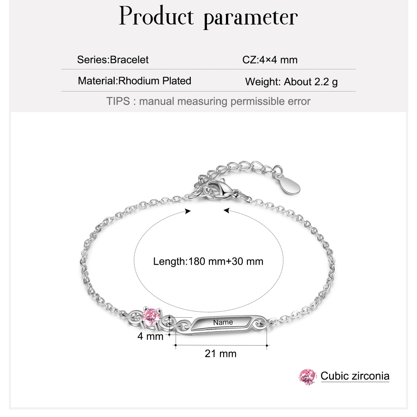 Pulsera de lazo y placita personalizada de 1 nombre con 1 piedra de nacimiento-Jessemade ES