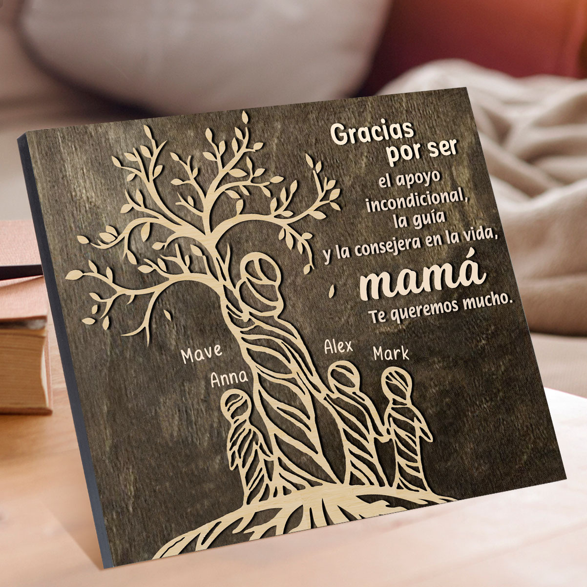 A mi mamá-Lámina mujer de árbol marco de madera personalizado con 4 nombres-Jessemade ES