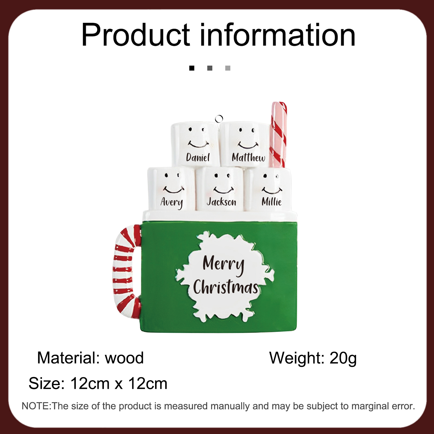 Navidad-Ornamento muñecos navideño de madera taza 5 nombres y 1 texto personalizados adorno del árbol-Jessemade ES