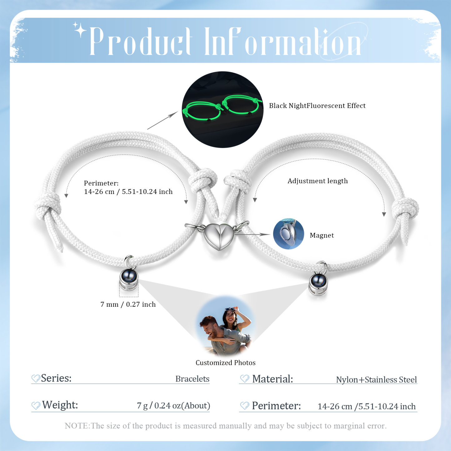 Pulsera de cuerda fluorescentepara pareja con proyección de foto con dije de corazón magnético-Jessemade ES
