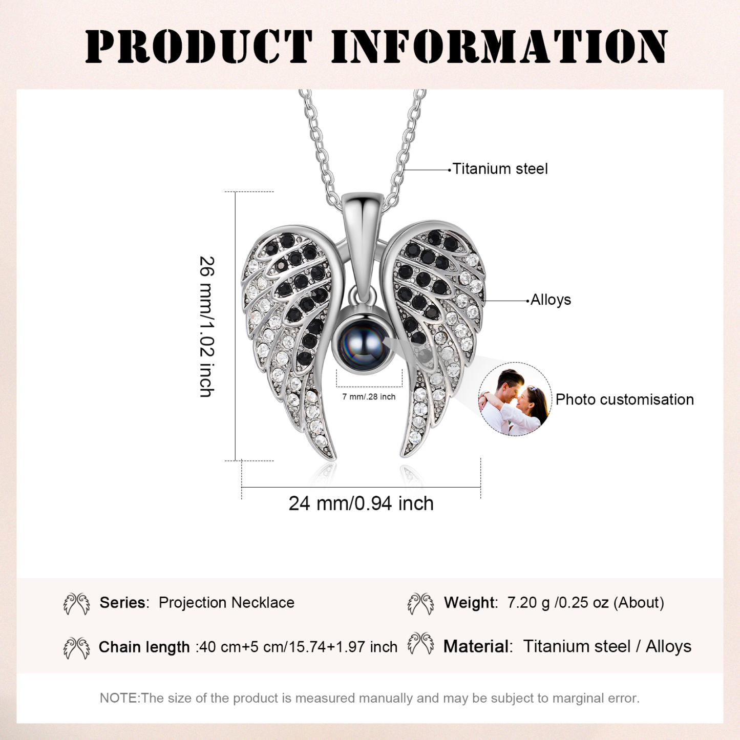 Collar de alas de ángel abiertas personalizado con 1 foto en proyección-Jessemade ES