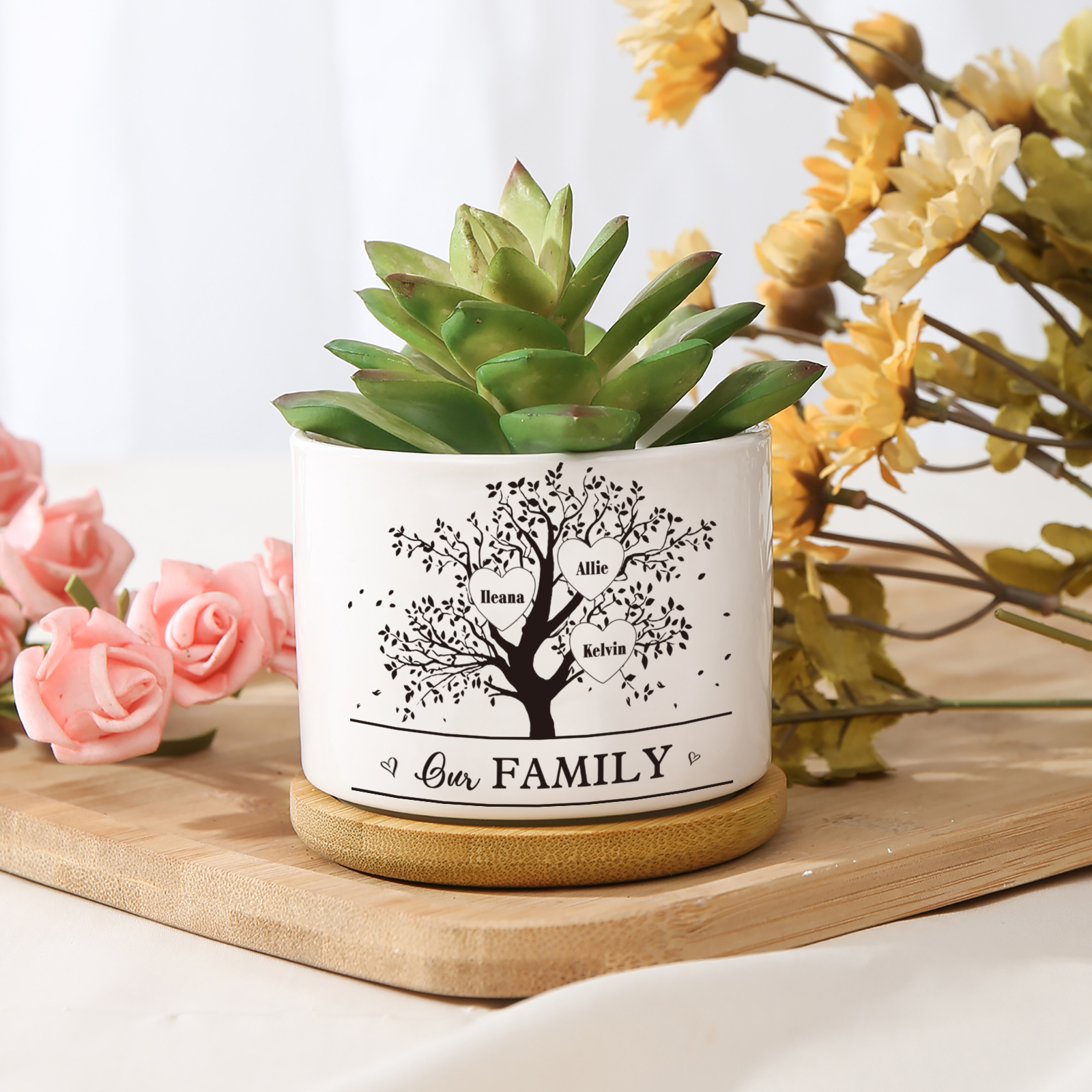 Florero con base de cerámica árbol de corazones 2-8 nombres personalizados con texto decoración del hogar-Jessemade ES