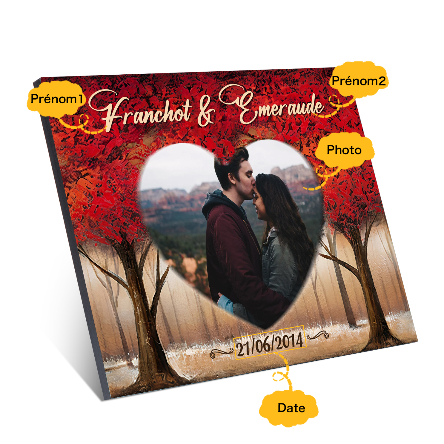 Lámina "árbol de amor" marco de madera para pareja 2 nombres personalizados con fecha y foto-Jessemade ES