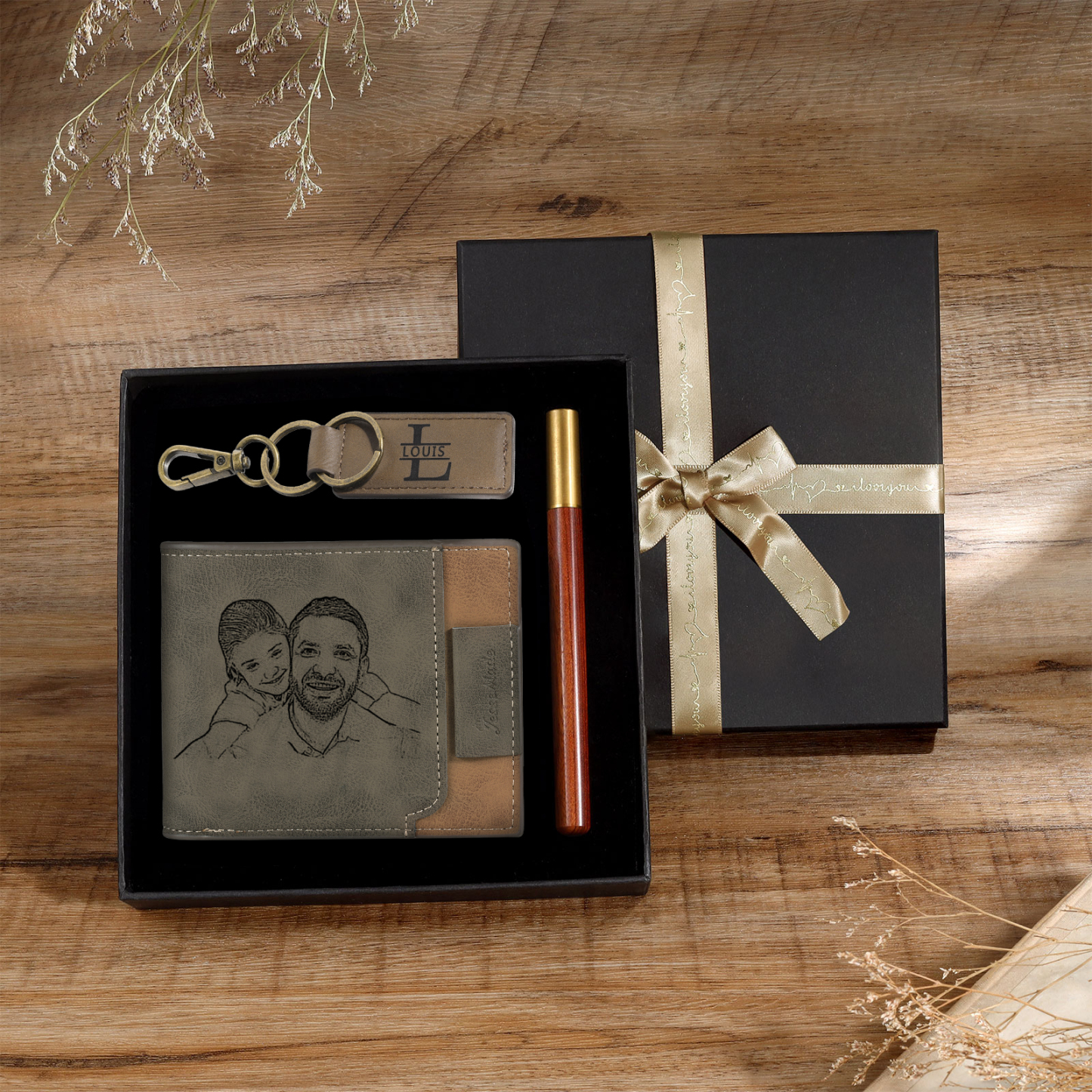 Kit de regalo-Llavero, cartera y bolígrafo con 2 nombres y 2 letras personalizados con foto para hombre-Jessemade ES