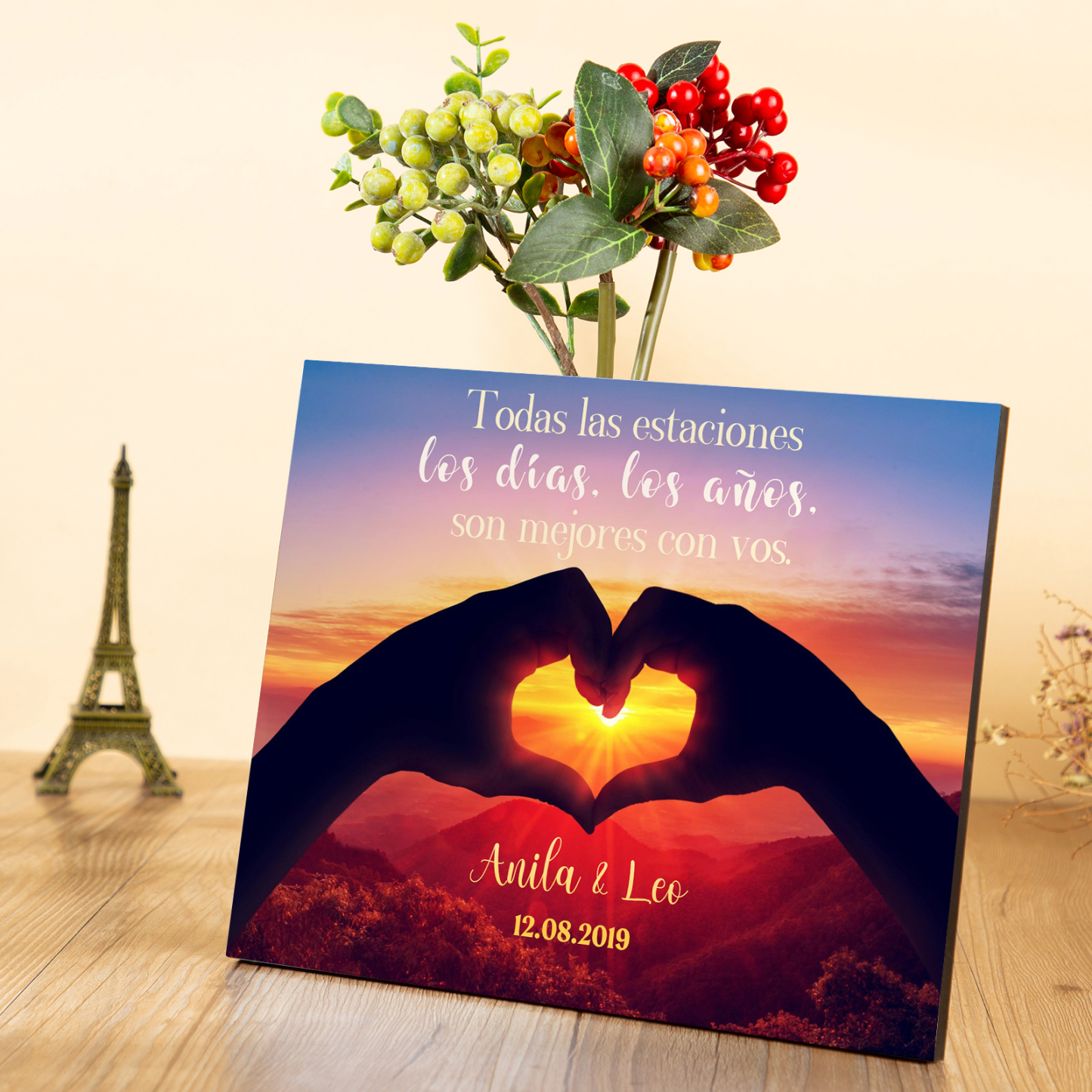 Lámina corazón marco de madera para pareja personalizado con 2 nombres y fecha-Jessemade ES