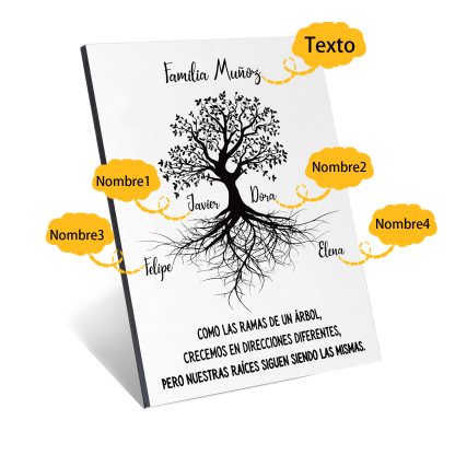 A mi familia-Lámina marco de madera Árbol de la Vida 1 texto y 4 nombres personalizados-Jessemade ES