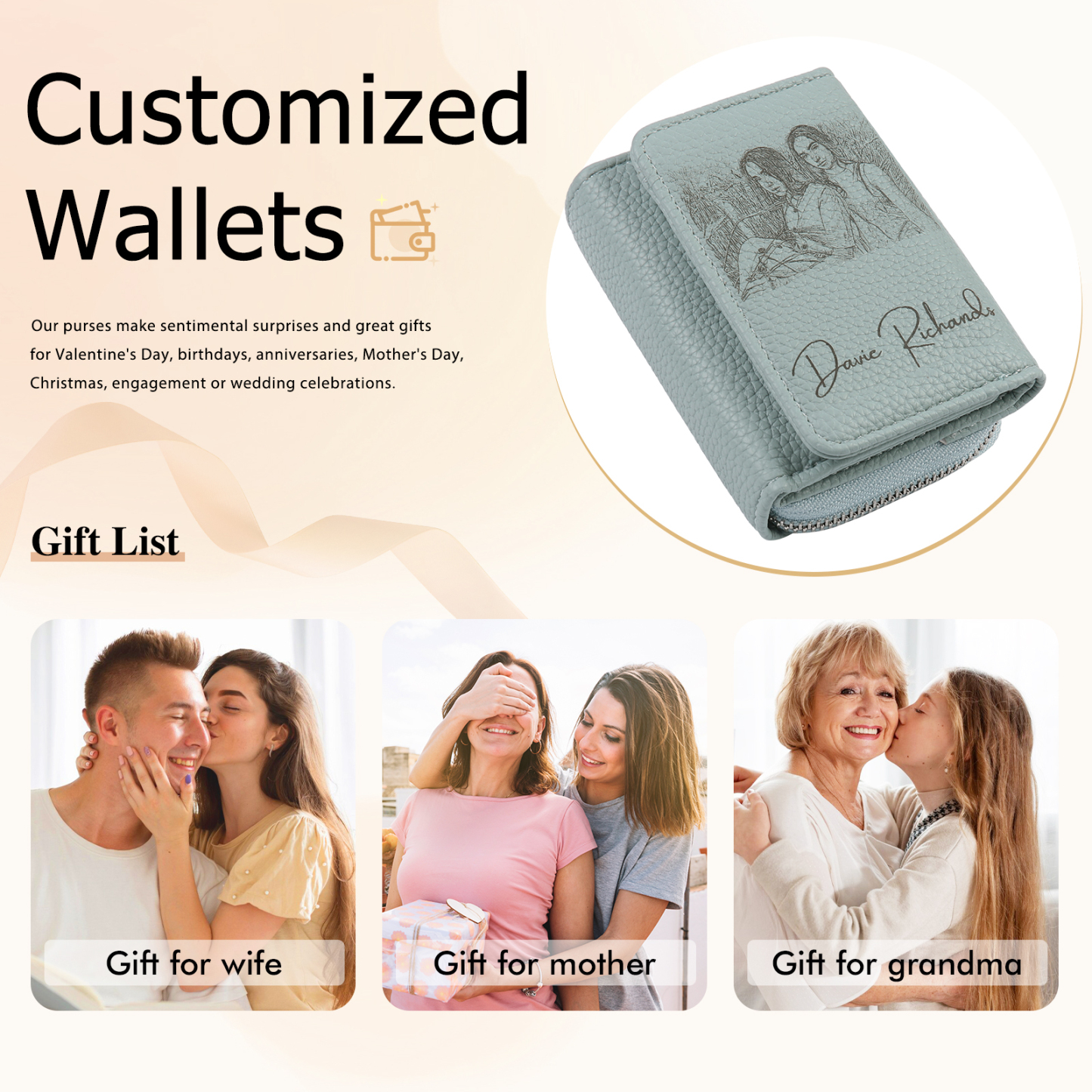 Cartera, billetera con 1 texto y 1 foto personalizados monedero clásico para mujer