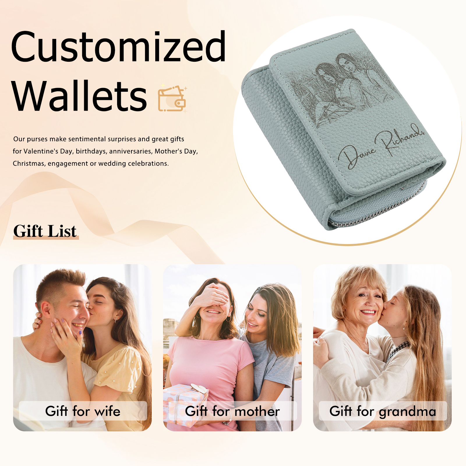 Cartera, billetera con 1 texto y 1 foto personalizados monedero clásico para mujer