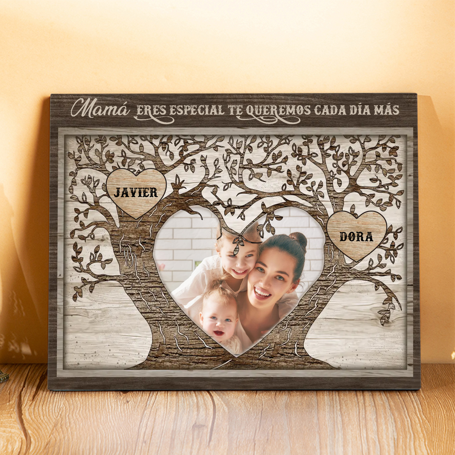 A familia - Lámina 2-9 nombres y 1 foto personalizados marco de madera árbol de la vida-Jessemade ES