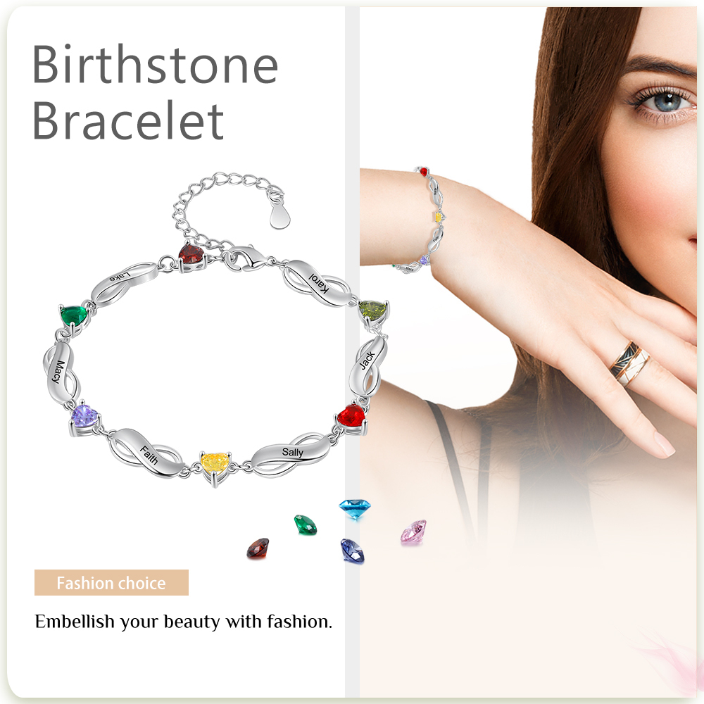 Pulsera "infinito" personalizada con 6 nombres y 6 piedras de nacimiento de corazón-Jessemade ES