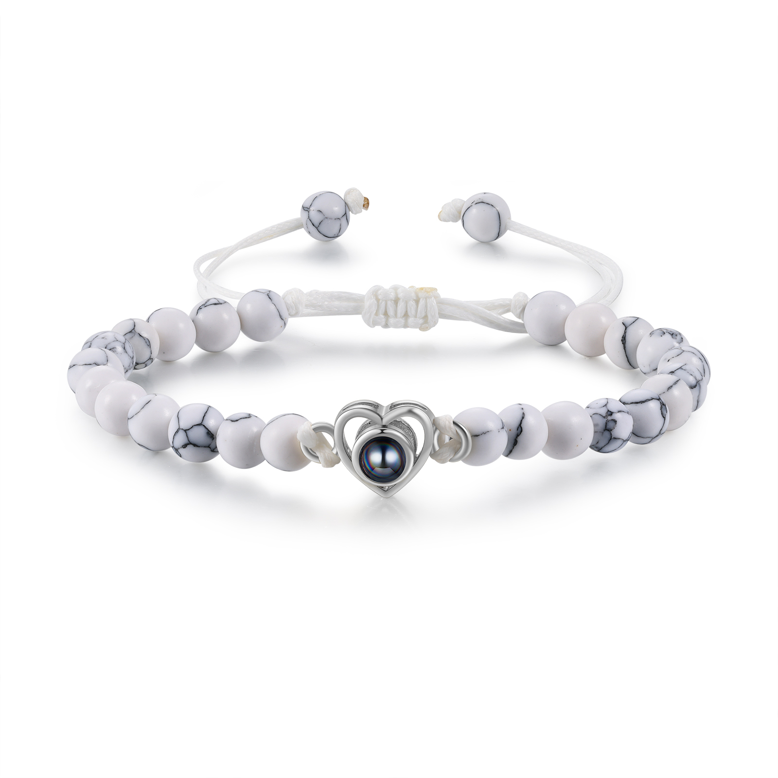 Pulsera de turquesa blanca sintética con proyección de foto en color con dije de corazón pulsera ajustable-Jessemade ES