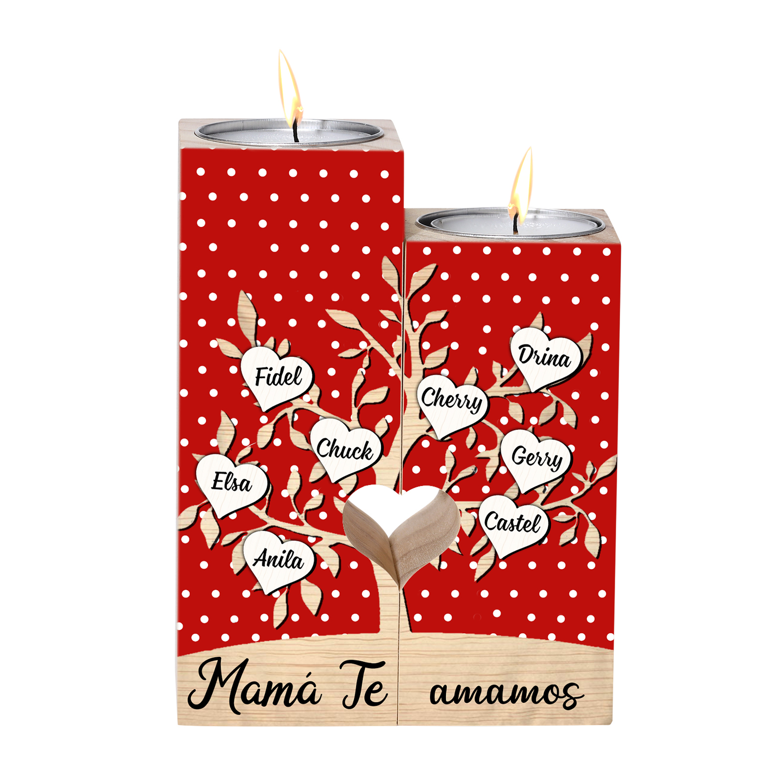 A la familia-Candelero de árbol de la vida de madera personalizado con 3-8 nombres y 1 texto sin vela-Jessemade ES