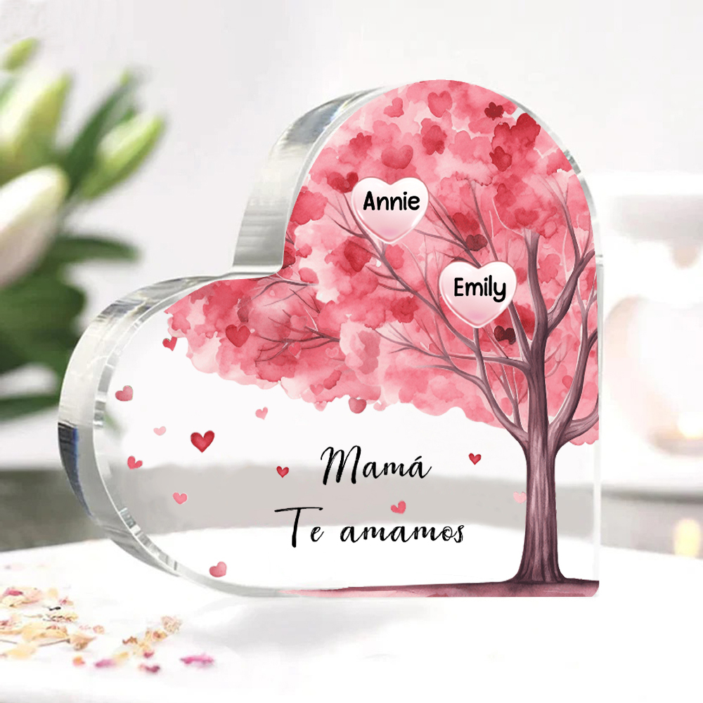 A mi mamá/abuela-Placa de acrílico "Árbol" en forma de corazón 2 nombres y 1 texto personalizados-Jessemade ES