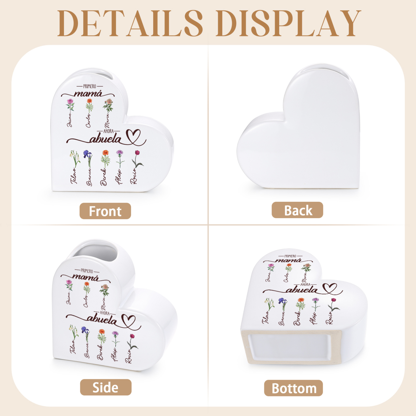 Jarrón de cerámica personalizado con forma de corazón «Primero mamá, ahora abuela», personalizado con 2–10 flores de nacimiento y nombres
