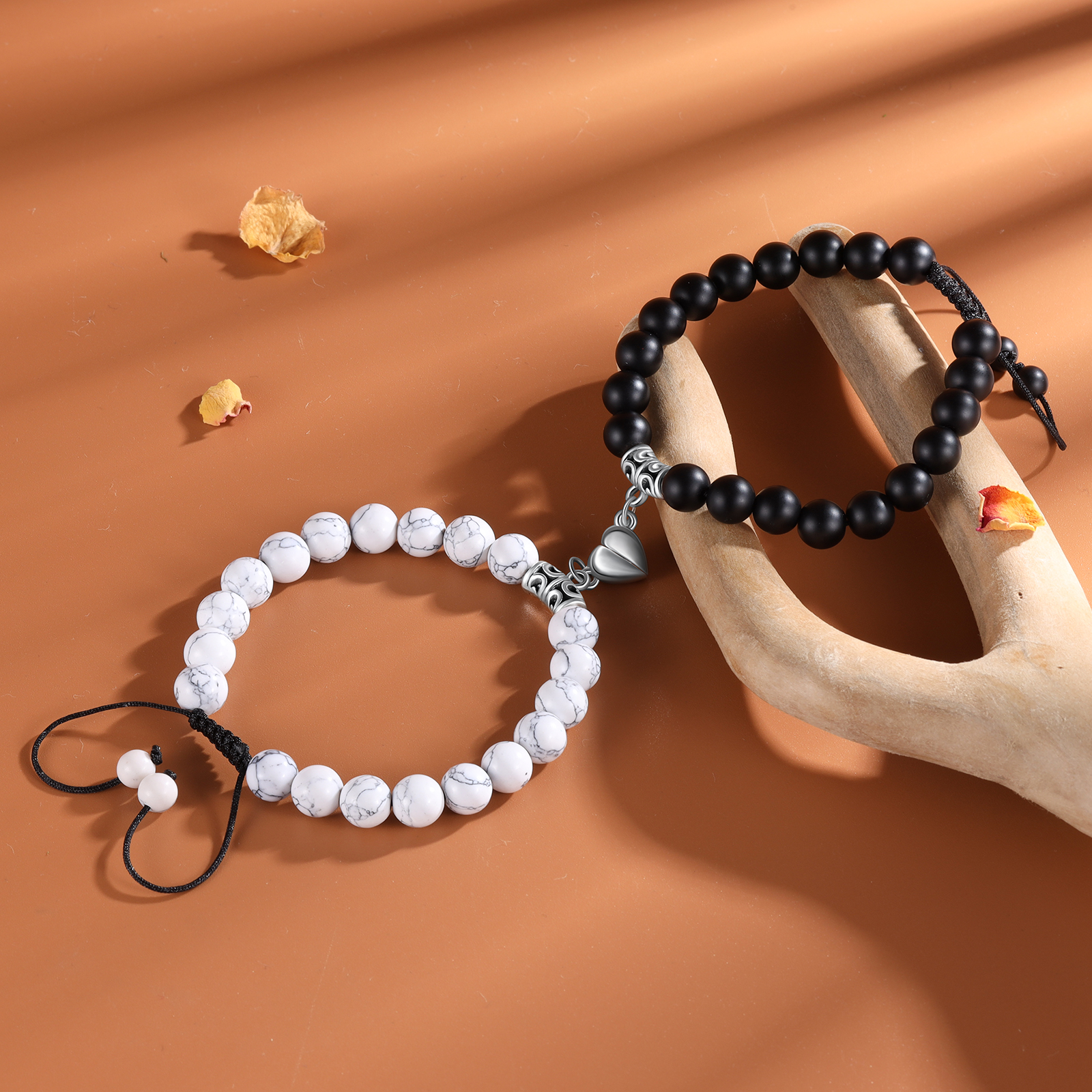 Pulseras de cuerda y piedras para pareja con dije de corazón magnético-Jessemade ES