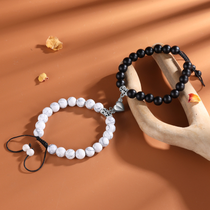 Pulseras de cuerda y piedras para pareja con dije de corazón magnético-Jessemade ES
