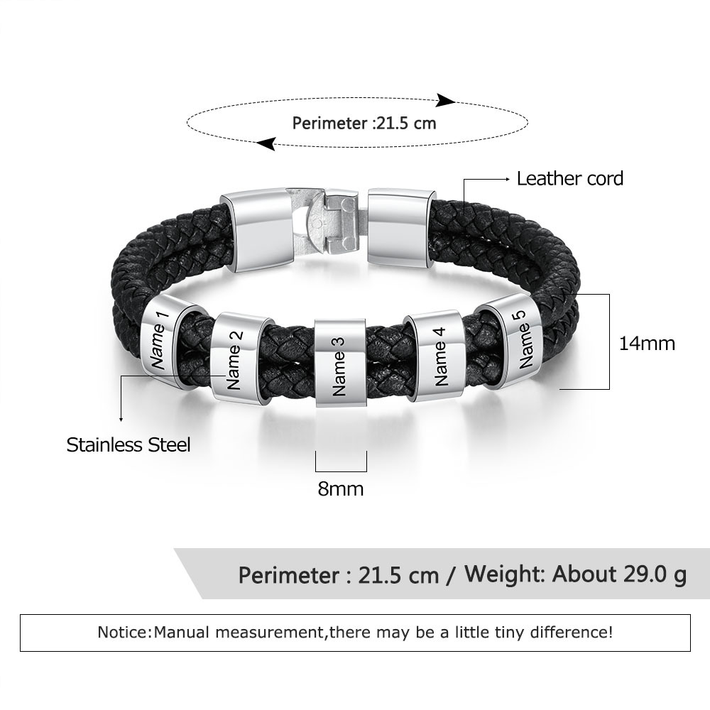 A mi papá-Pulsera de cuero trenzado Pulsera de hombre con 5 aros personalizados con 5 nombres-Jessemade ES