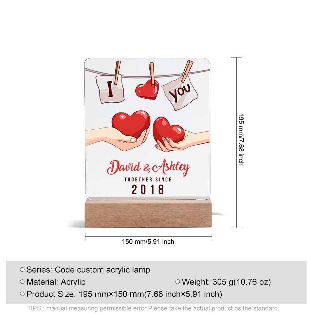 Lámpara corazones para pareja 3D Ilusión Luz de Noche LED 2 nombres, texto y año personalizados -Jessemade ES