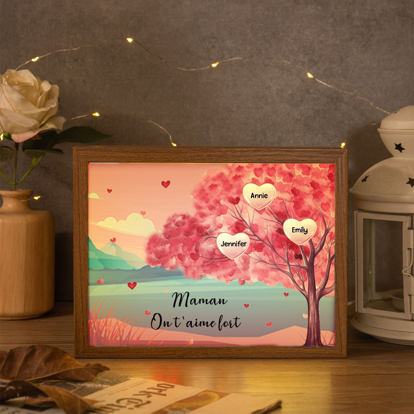 Marco con LED Árbol de la Vida 1-10 Nombres Personalizados con 1 Texto-Jessemade ES