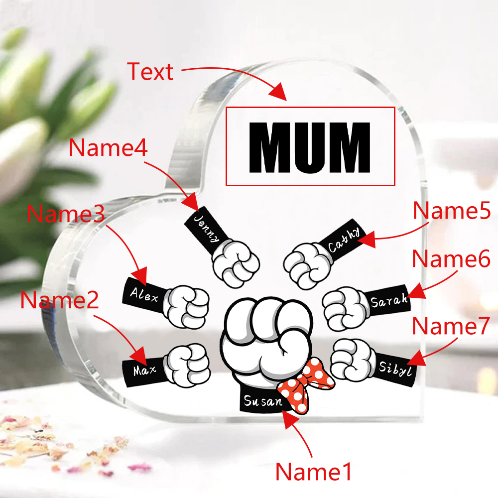 A mi mamá/abuela-Placa de acrílico "Puños" en forma de corazón 7 nombres y 1 texto personalizados-Jessemade ES