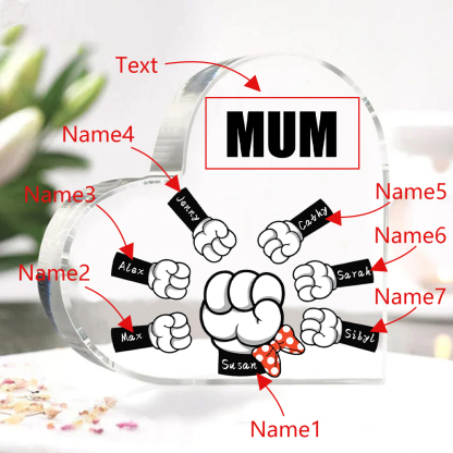 A mi mamá/abuela-Placa de acrílico "Puños" en forma de corazón 7 nombres y 1 texto personalizados-Jessemade ES