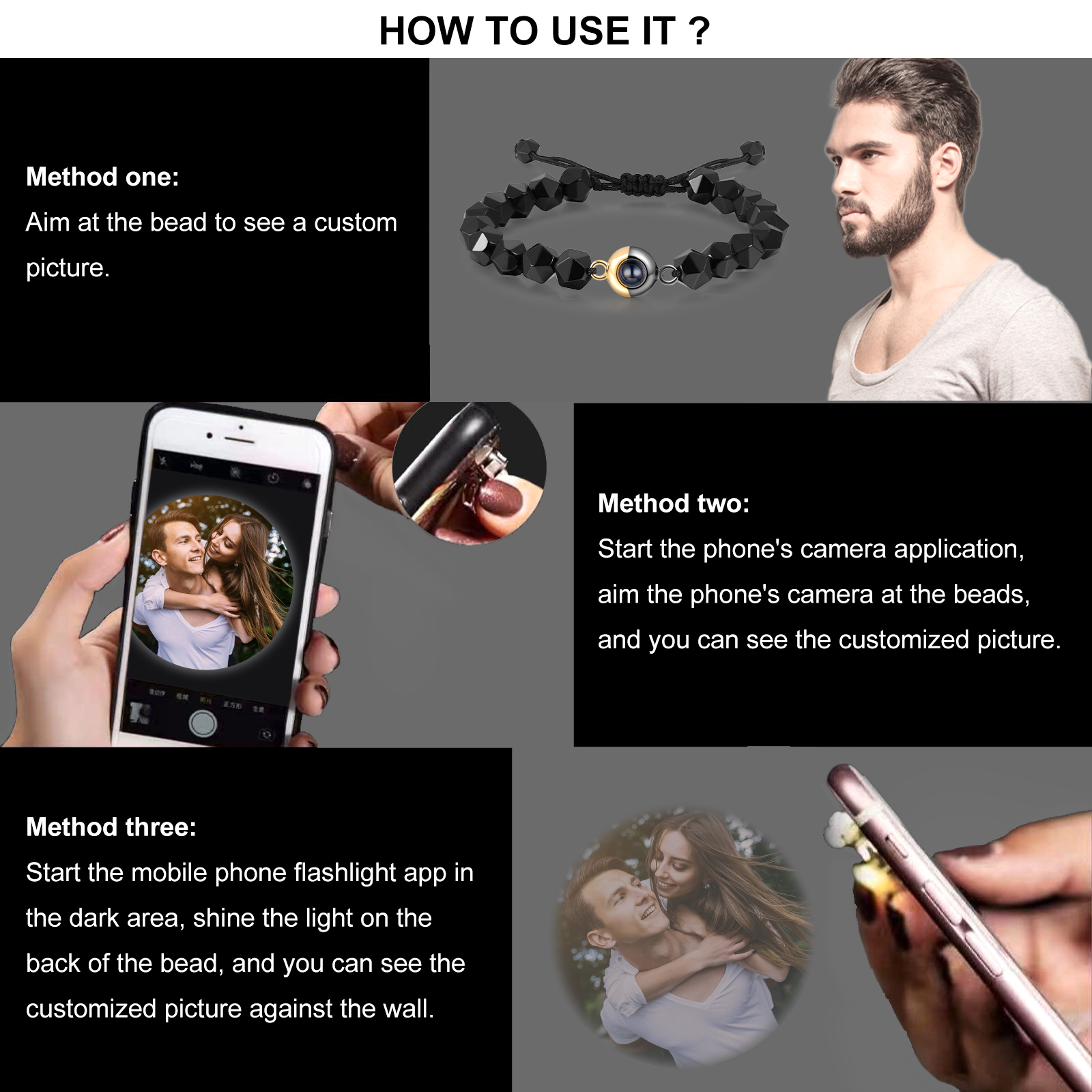 Pulsera de perlas rómbicas con proyección de foto en color para hombre-Jessemade ES