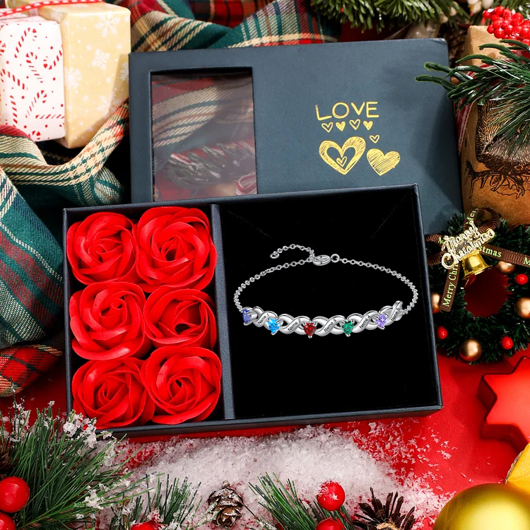 Pulsera infinito personalizada con 5 nombres y 5 piedras de nacimiento de corazón-Jessemade ES
