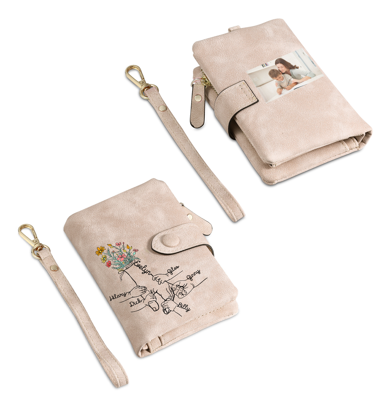 Cartera, billetera con 6 nombres y 1 foto personalizados mano con manito monedero clásico para mujer-Jessemade ES